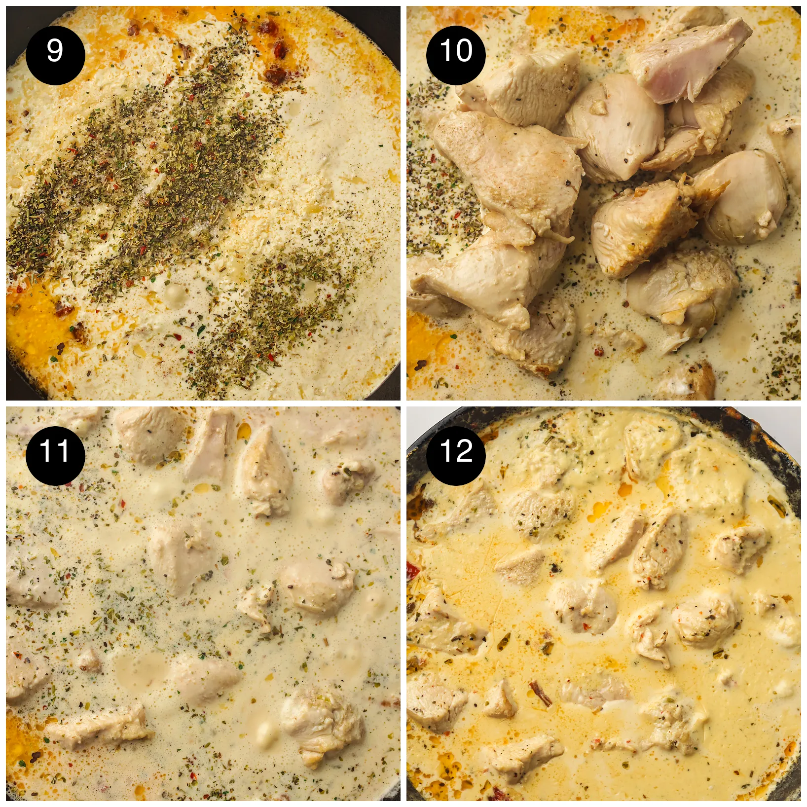 Four step photos: Italian seasoning sprinkled in, seared pieces returned to the pan, simmering, then the thickened sauce