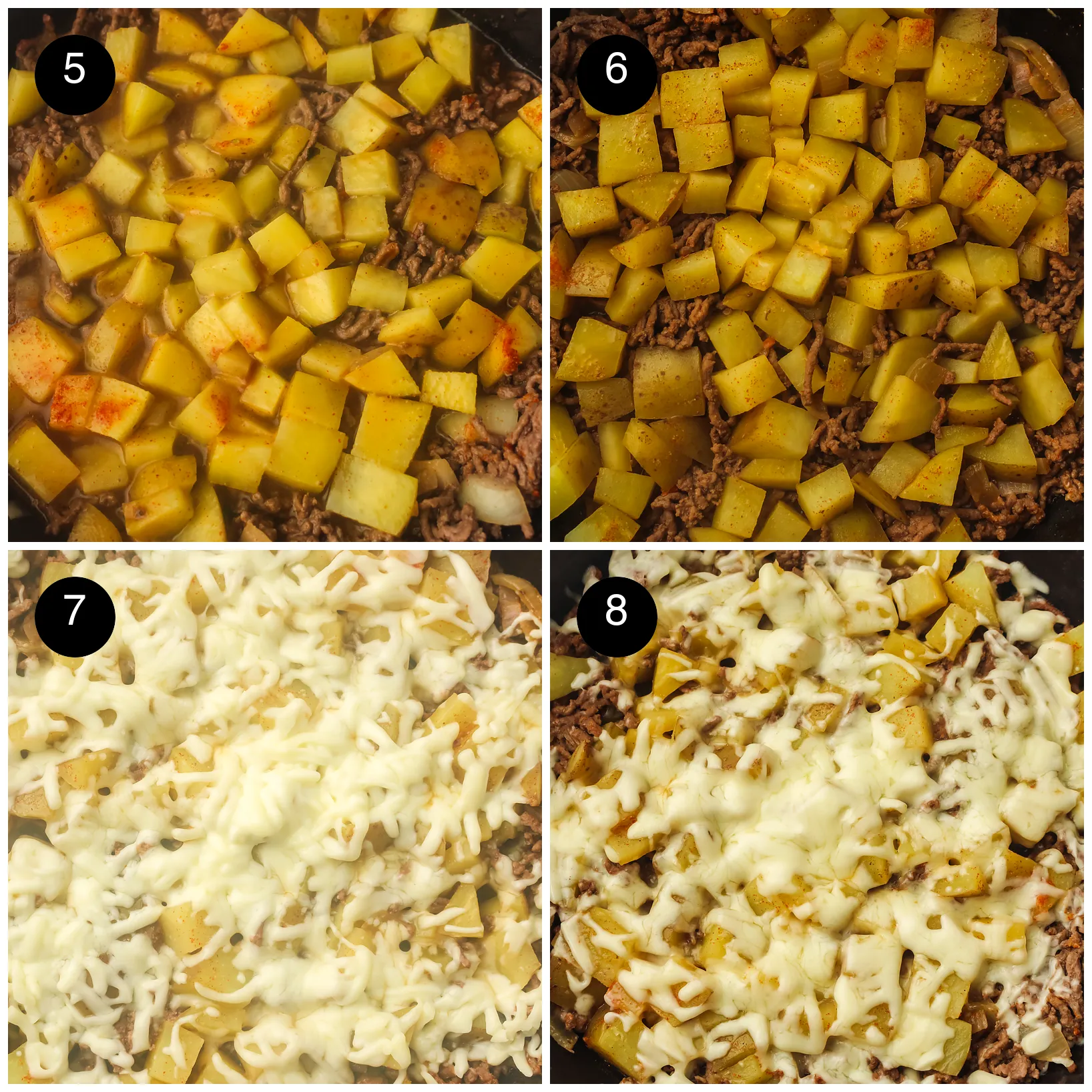 Four step photos: potatoes simmering in stock, tender potatoes, cheese scattered over and melted