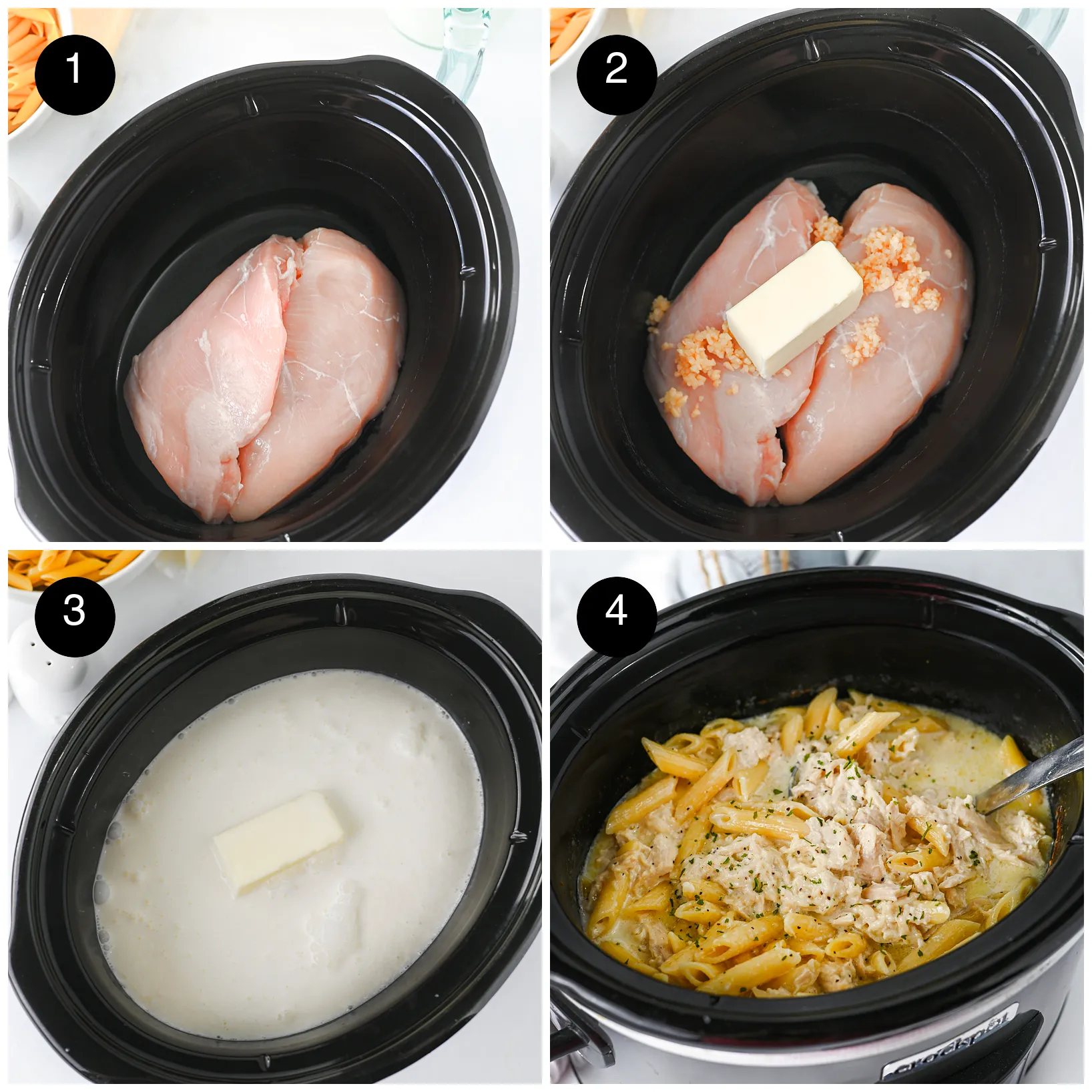 Four step photos: raw breasts in the slow cooker, garlic and butter on top, cream and broth poured in, then the finished creamy penne