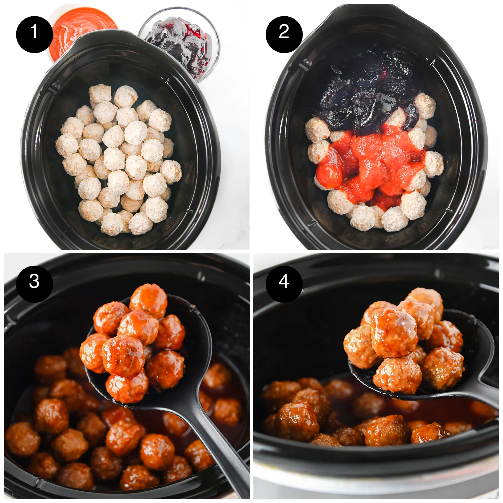 Four step photos: frozen meatballs in the slow cooker, chili sauce and jelly spooned over, then the glossy cooked meatballs lifted out with a ladle