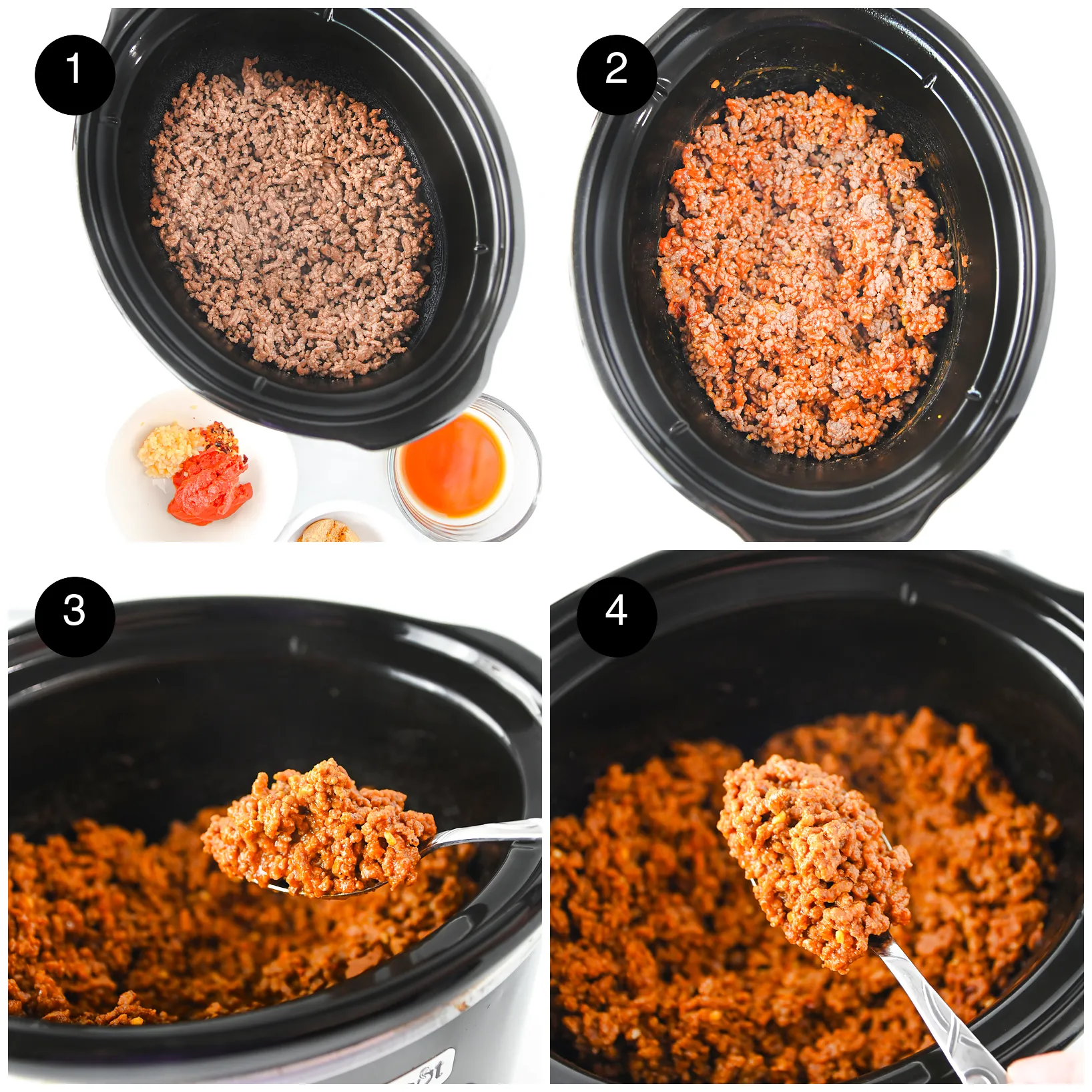 Four step photos: browned mince in the slow cooker with the sauce ingredients, stirred together, then spoonfuls of the thick cooked filling