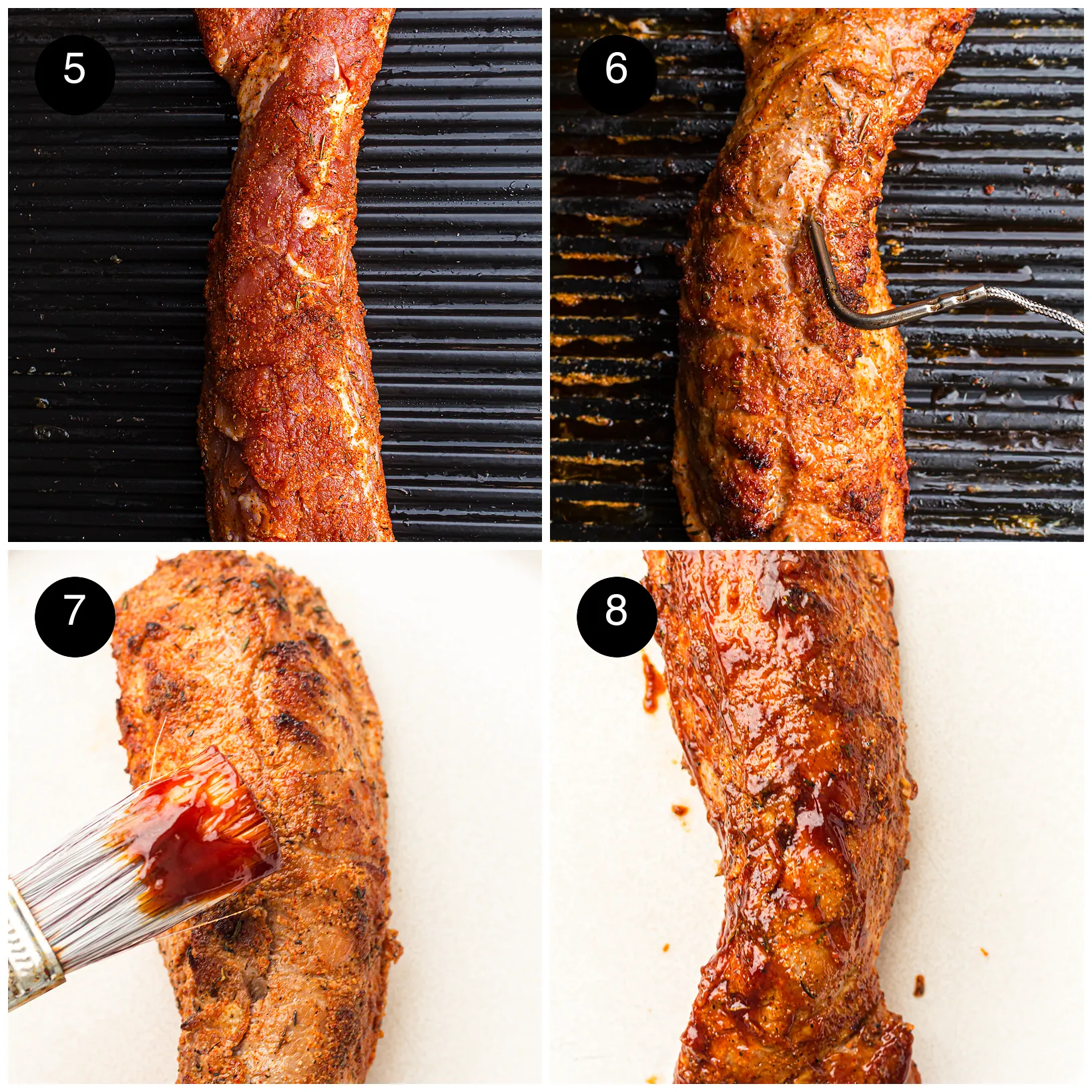 Four step photos: the rubbed loin on the grill plate, a probe in the cooked meat, sauce brushed on and the sticky glazed result
