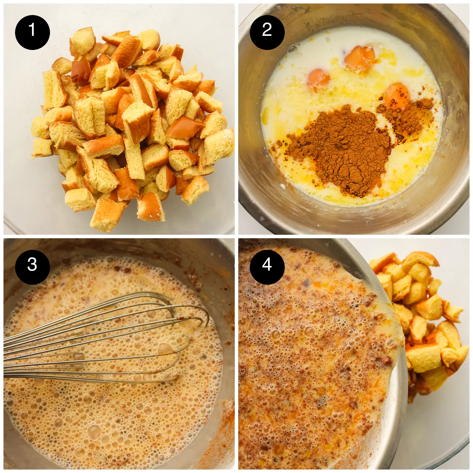 Four step photos: cubed brioche in a bowl, eggs and cinnamon in milk, whisked custard and pouring it over the bread