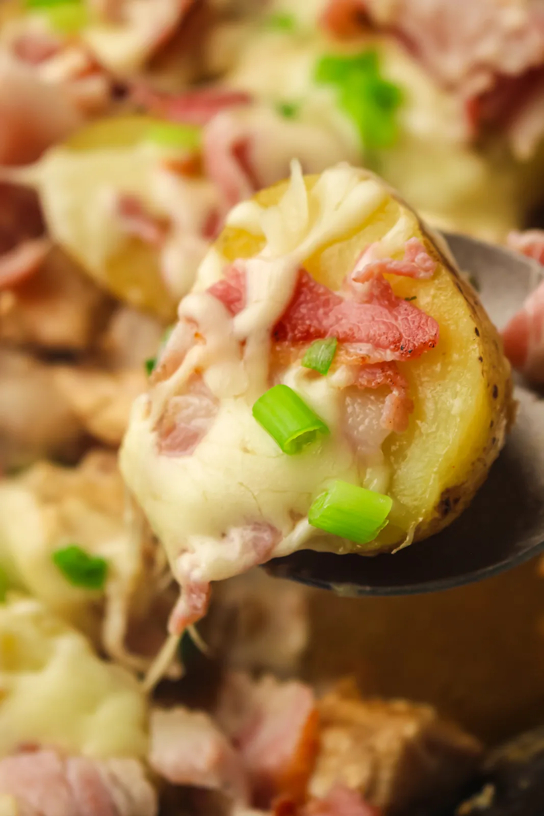 A spoon lifting a cheesy baby potato topped with green onion