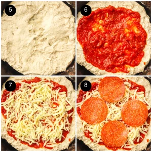 Four step photos: dough pressed into the cast iron pan, sauce spread on, mozzarella scattered, then pepperoni slices added