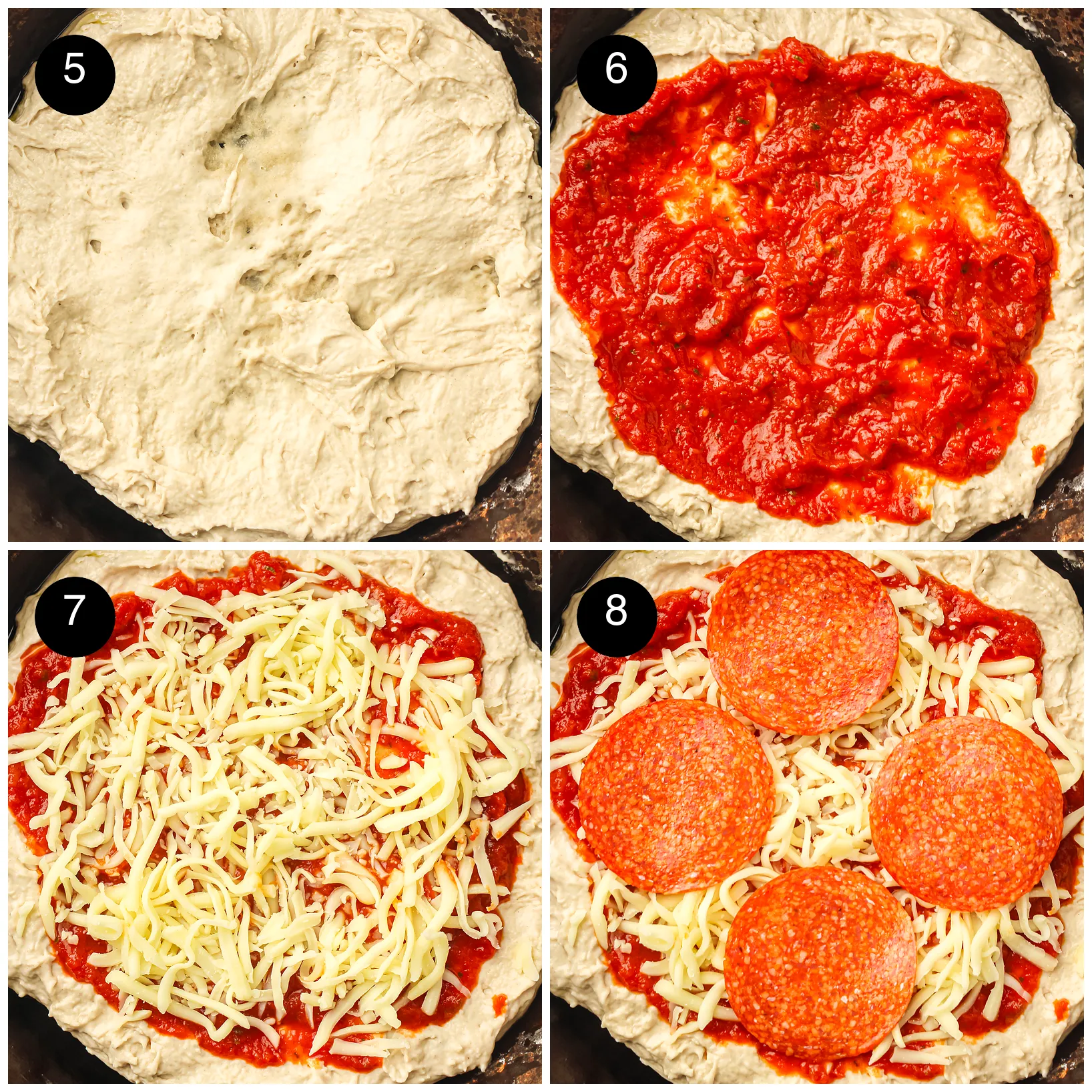 Four step photos: dough pressed into the cast iron pan, sauce spread on, mozzarella scattered, then pepperoni slices added