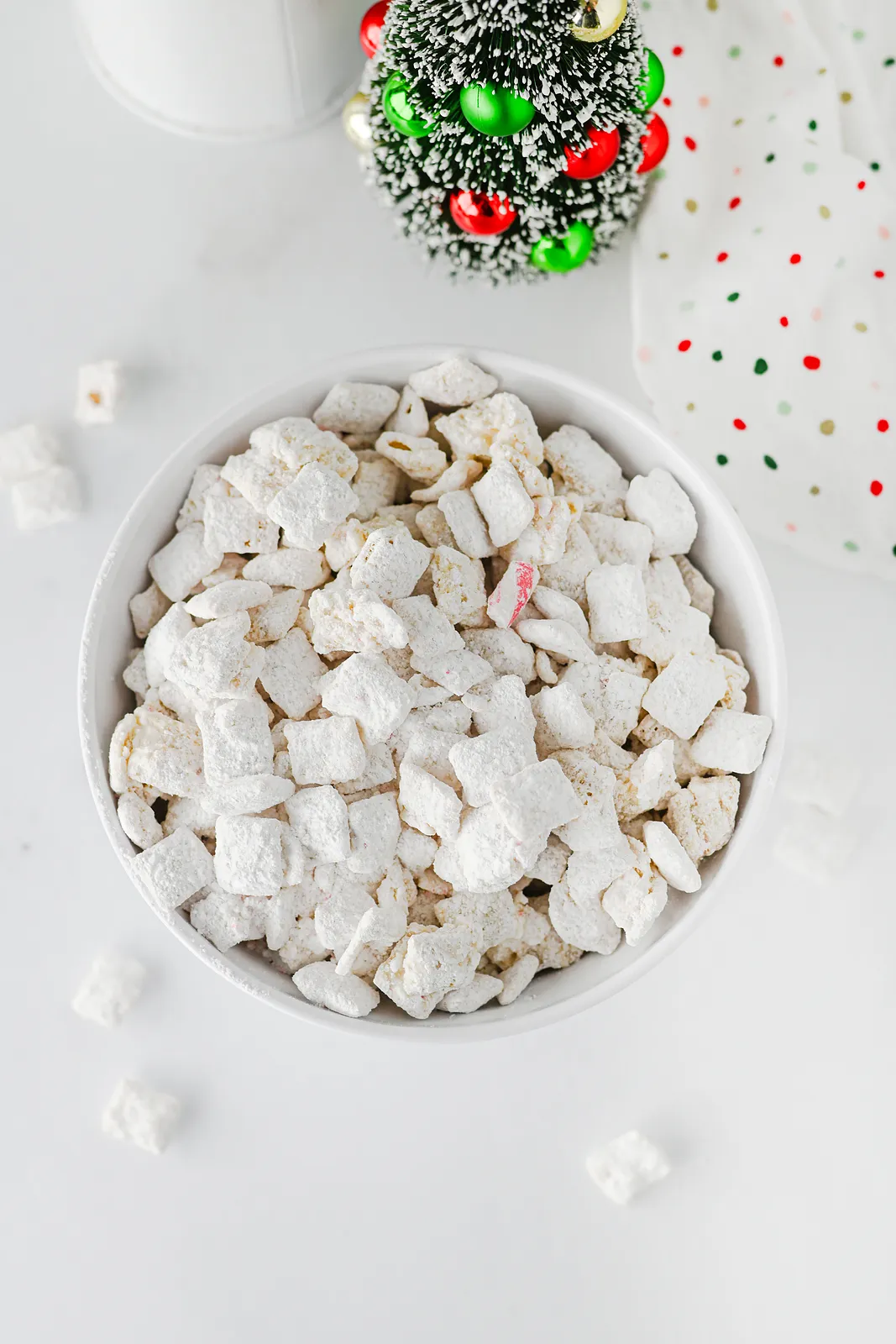 Sugar dusted Chex snack with pink candy flecks from above