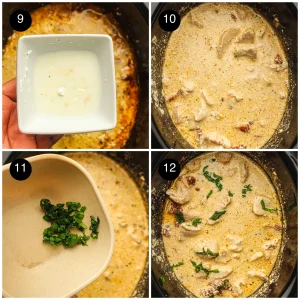Four step photos: a cornstarch slurry in a small dish, the thickened sauce, chopped basil, then the finished pot