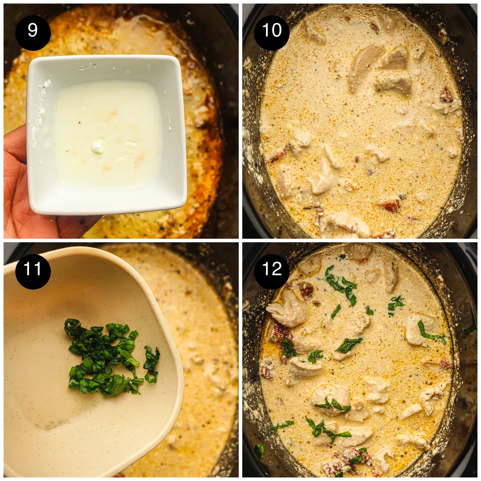 Four step photos: a cornstarch slurry in a small dish, the thickened sauce, chopped basil, then the finished pot