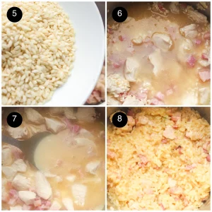 Arborio grains added to the pan, then hot stock ladled in until the rice turns plump and creamy