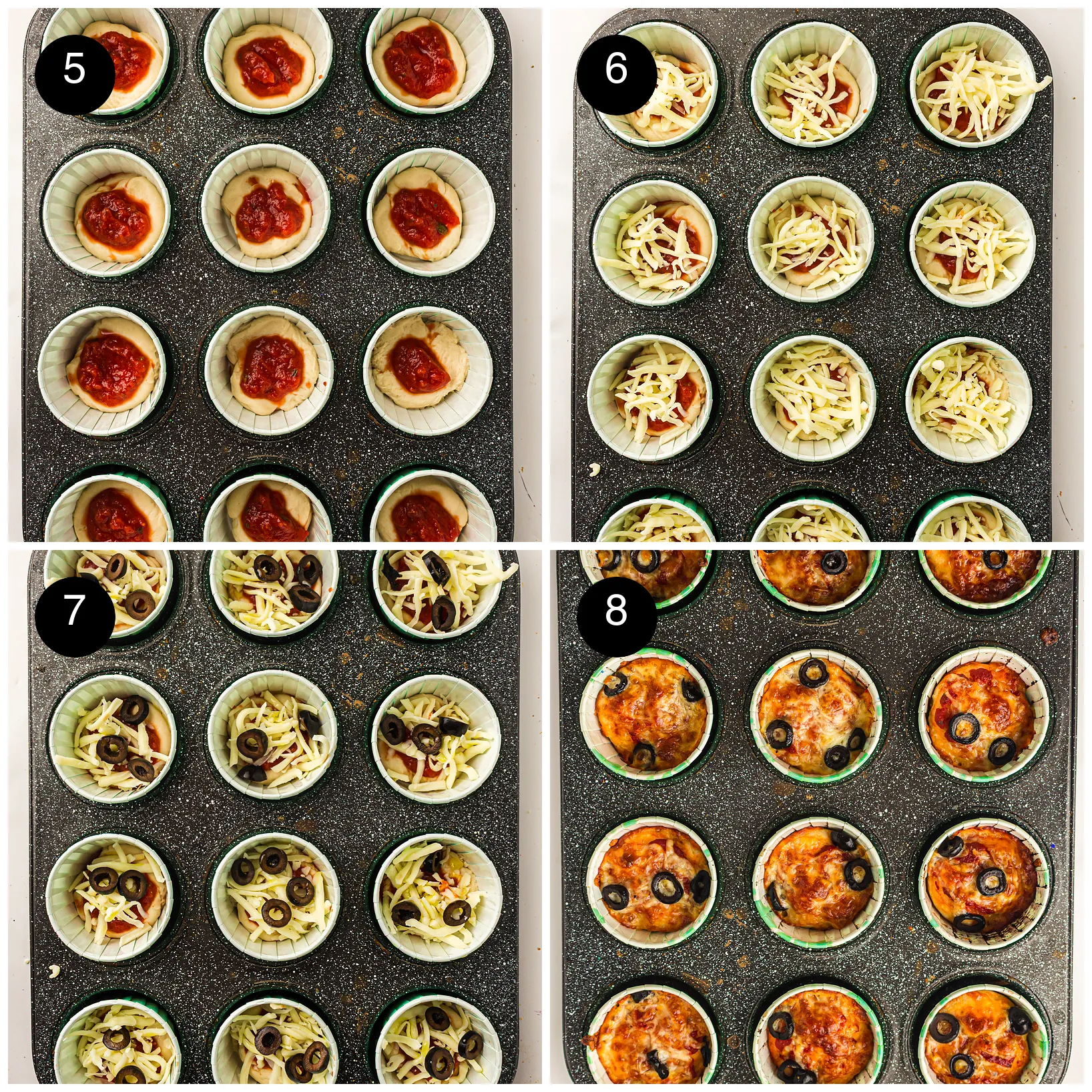 Four step photos: sauce in each dough cup, shredded cheese added, sliced olives on top and the golden baked tray