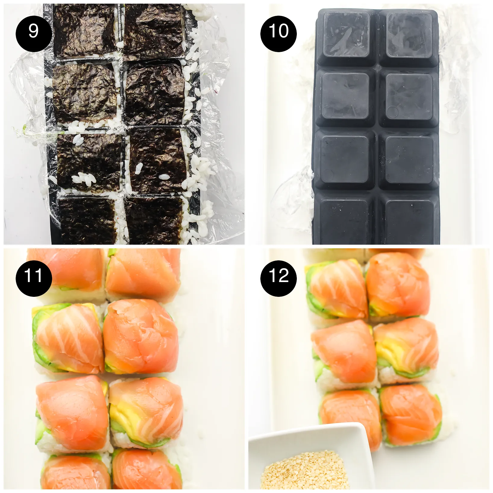 Four step photos: nori squares on each portion, the tray turned upside down, the neat salmon bites revealed and sesame seeds ready