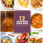 Pinterest graphic for 12 vegetarian lunch ideas with pasta salad, hummus, flatbread and lentil soup