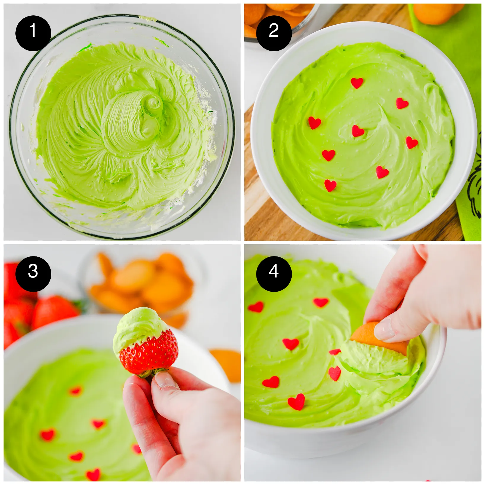 Four step photos: whipped green mixture in a glass bowl, served with hearts, a strawberry and a wafer scooping it up