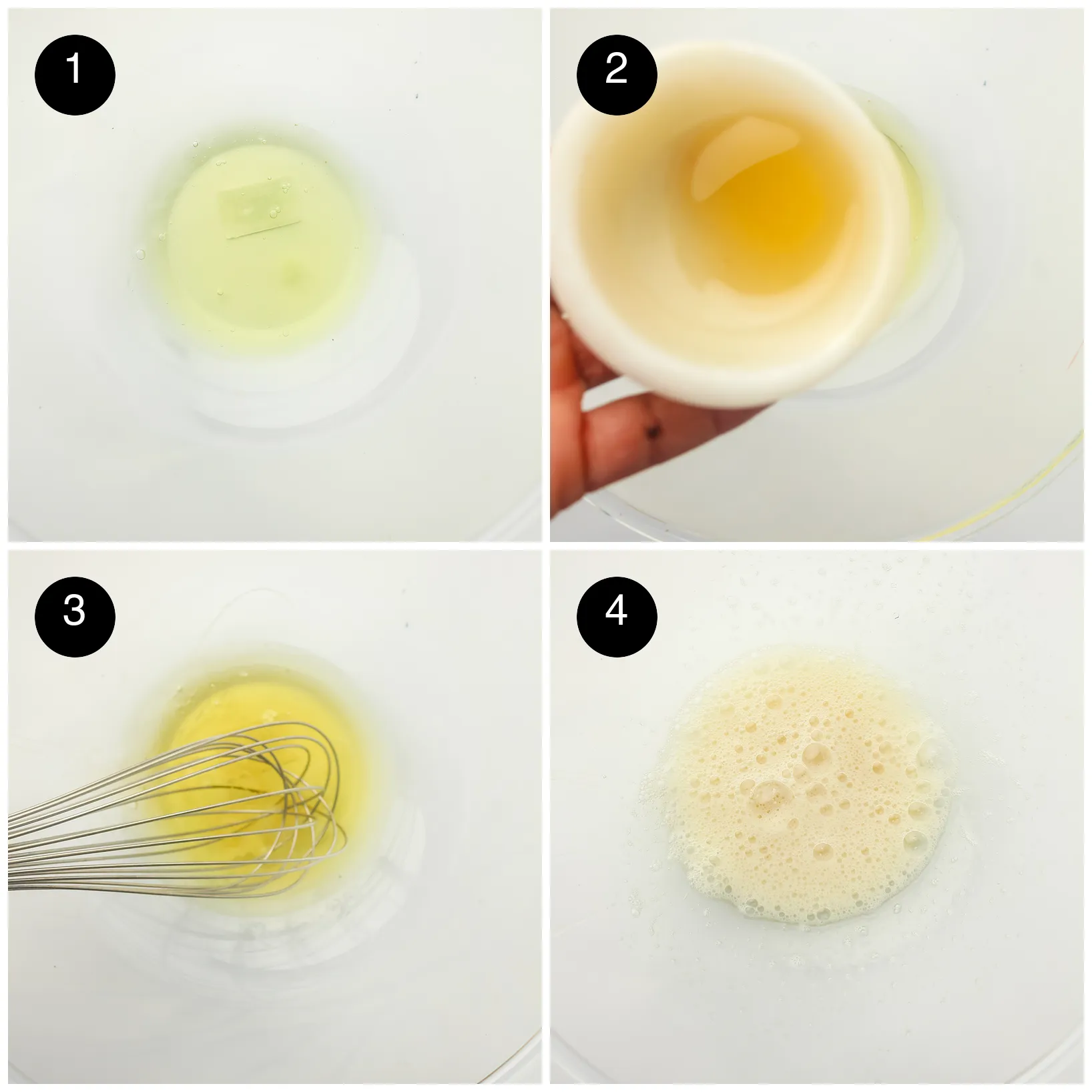 Four step photos: egg whites in a glass bowl, honey poured in, whisked and turned frothy