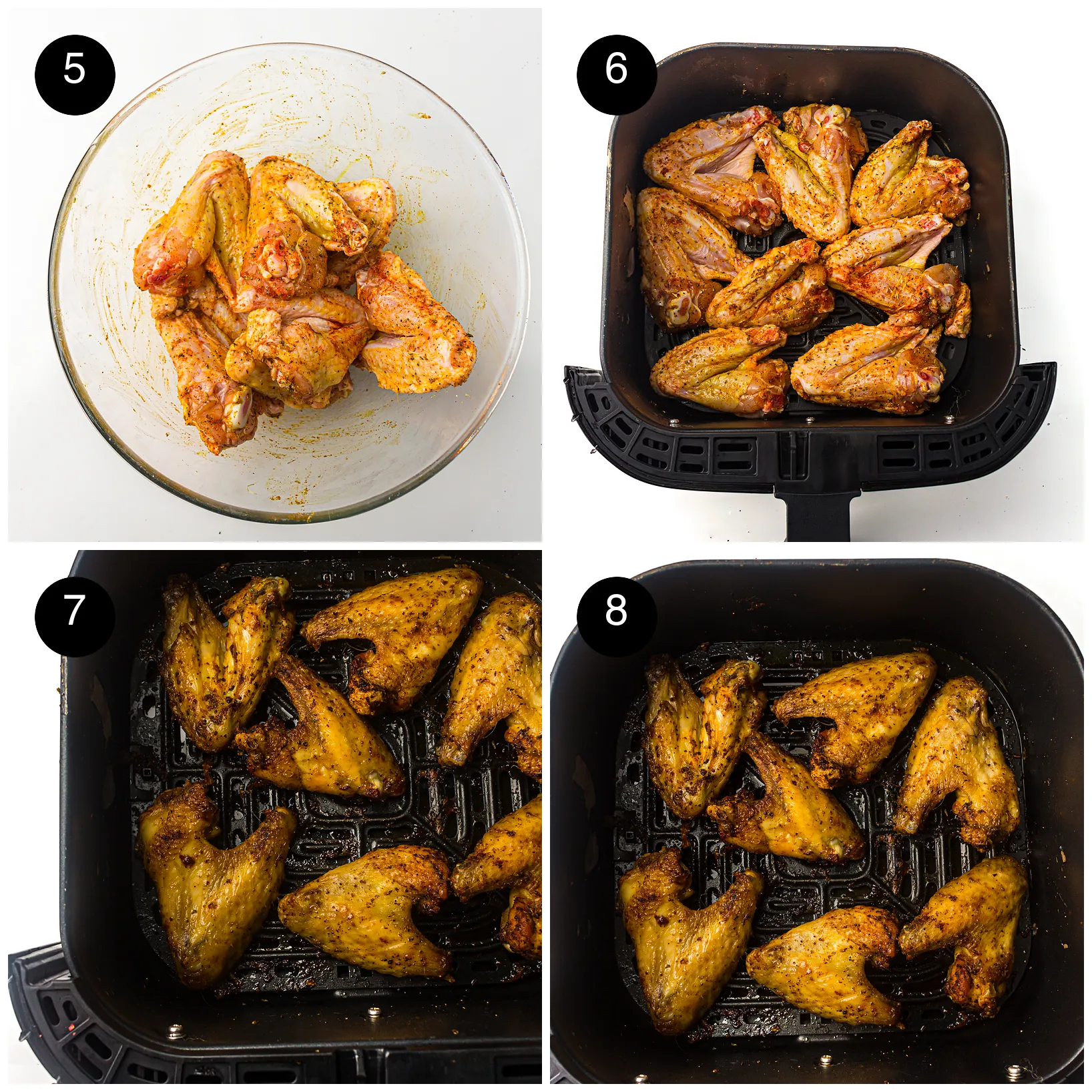 Four step photos: coated wings in the bowl, spaced out in the basket, then golden after cooking